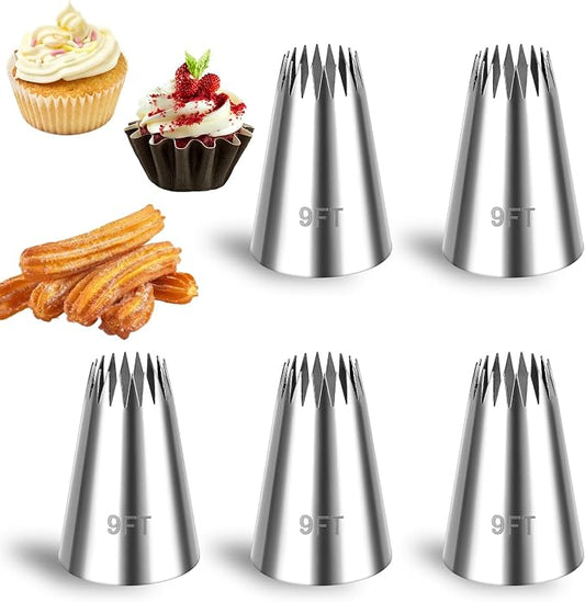 5Pcs 9FT Large Piping Tips for Cake Decorating, Frosting Piping Kit, Stainless Steel Churro Piping Tip, Extra Large Piping Tips, Open Star Pastry Tips, Cake Decorating Kit for Cupcake Cookie