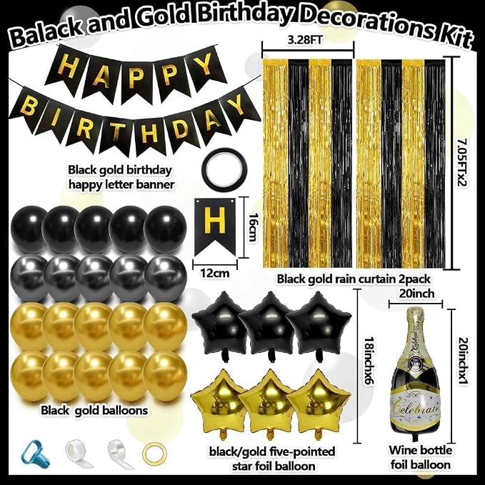 Black Gold Birthday Party Balloon Kit,Happy Birthday Banner Fringe Curtains Gold Black Star Wine Bottle Foil Balloon Garland for Men Women Party Decorations