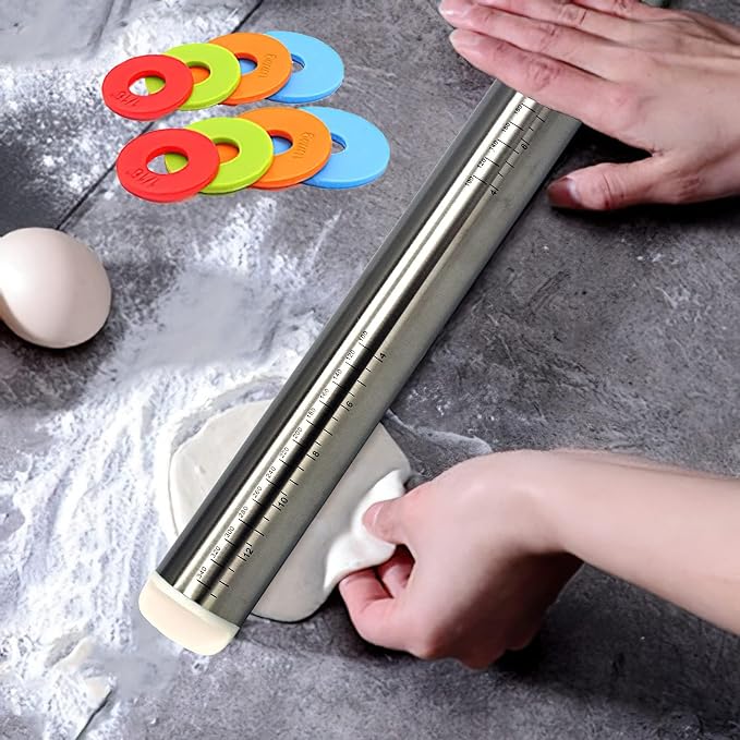 Stainless Steel Rolling Pin for Pizza, Burger Dough Roll - Baking Roller - With Thickness Controller. Adjustable Rolling Pin with Removable Rings 17"