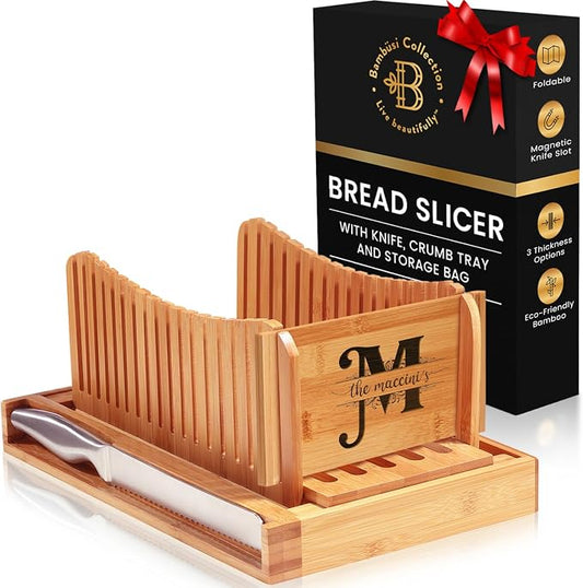 Personalized Bread Slicer with Bread Knife - Bamboo Bread Slicer for Homemade Bread with 3 Slice Thickness, Compact Foldable Cutting Guide with Crumb Tray, for Cake, Bagels by Bambüsi