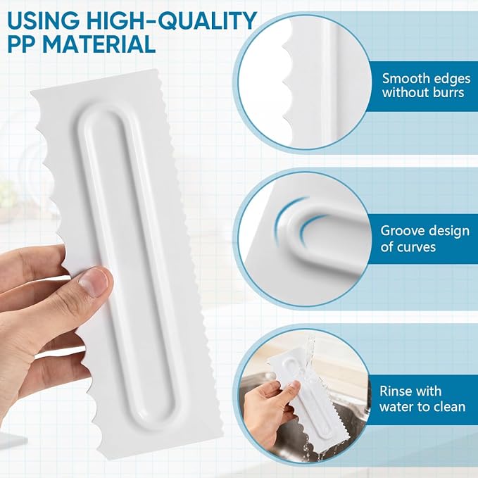 SenseYo 3 Pcs Cake Scraper Smoother 9 Inch Plastic Cream Decorating Comb Sided Patterned Edge Stripe DIY Tools for Icing Mousse Butter Frosting Baking Projects White