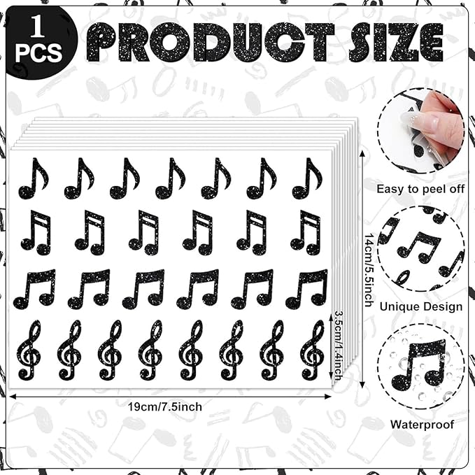 280pcs Music Stickers, Music Notes Vinyl Waterproof Stickers Musical Instruments Stickers for Water Bottles Laptops Guitars Skateboards Music Party Favors Decorations (Black Music)