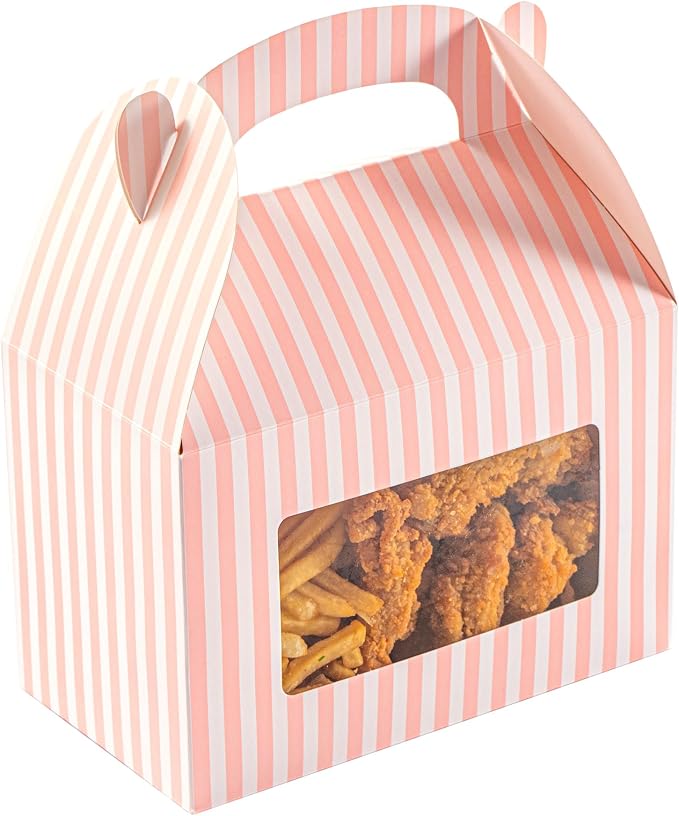 Bio Tek 8.5 x 4.8 x 5.5 Inch Gable Boxes For Party Favors, 25 Attractive Gift Boxes - Striped Design, With Clear PET Window, Pink And White Paper Barn Boxes, Built-In Handle