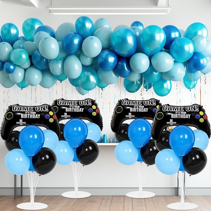 4 Sets Video Game Birthday Party Balloons Stand Kit with Game Handle Foil Balloons Black Blue Party Ball Balloon Centerpiece for Tables for Boy Girl Video Gamer Gaming Birthday Baby Shower Decoration