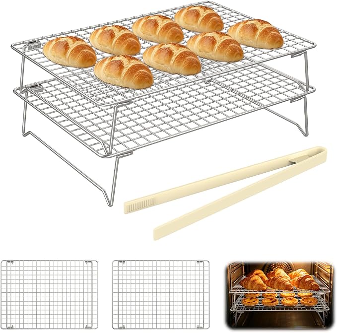 2-Tier Cooling Rack for Baking, 304 Stainless Steel Stackable Wire Baking Rack, Oven & Dishwasher Safe, Fits Half Sheet Pan for Roasting, Bacon, Cooling & Air Fryer Cooking, 13.4"x9.4"