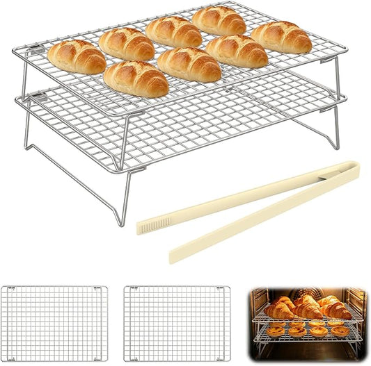 2-Tier Cooling Rack for Baking, 304 Stainless Steel Stackable Wire Baking Rack, Oven & Dishwasher Safe, Fits Half Sheet Pan for Roasting, Bacon, Cooling & Air Fryer Cooking, 13.4"x9.4"