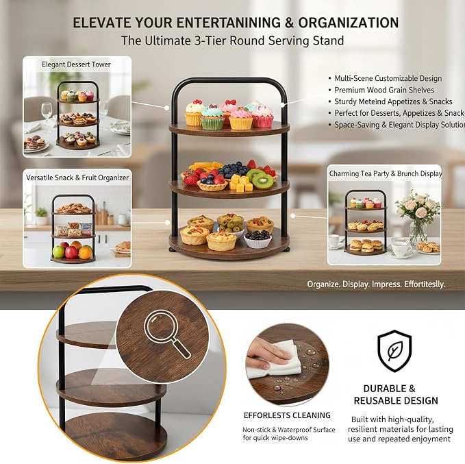 Wooden 3-Tier Cupcake Stand for 50 Cupcakes - Round Tiered Dessert Display & Serving Tray Set for Wedding, Party, Buffet Table - Rustic Cake Stand for Cookies, Fruits, Pastries