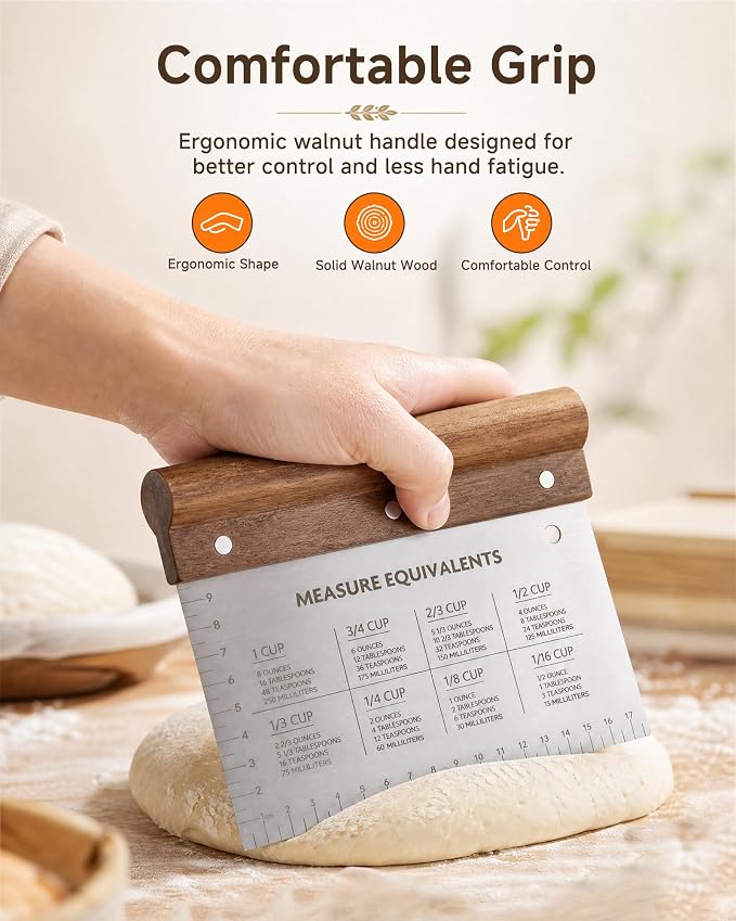 Extra Large Bench Scraper with Walnut Grip, Dough Cutter for Bread & Food | Natural Wood, 4x7 inches Stainless Steel Blade, Sharp Cutting Edge, Laser-Etched Measurement, Hanging Store, Bonus S-Hook