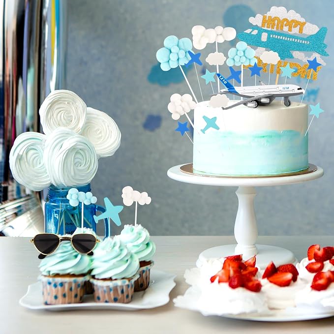 Hooqict 25Pcs Airplane Cake Decorations Set with Mini Plane, Blue White Cloud Happy Birthday Cake Toppers & Cupcake Toppers for Travel Themed Airplane Birthday Party Decorations Supplies
