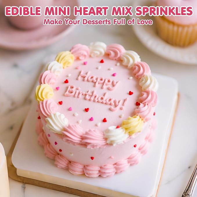 Edible Heart Sprinkles for Cake Decorating,Red Pink White Small Heart Shapes Mix,Miniature Sugar Sprinkle for Baking Decorations,Cake Ice Cream Cookies Cupcake Chocolate Topper Birthday Wedding Mother's Day Supplie