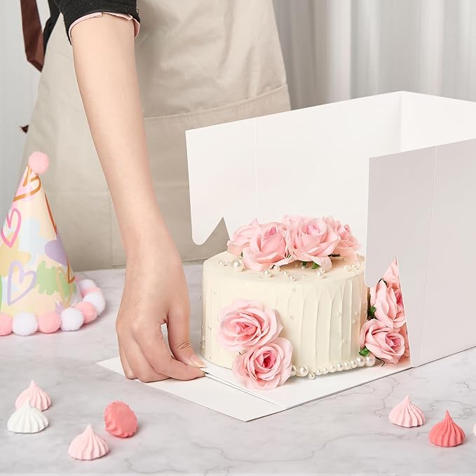 ZORRITA 4 Pack Cake Boxes, 8 x 8 x 8 Inches Tall Bakery Box with Window and Stickers, Disposable Cake Containers for Wedding, Birthday, Party