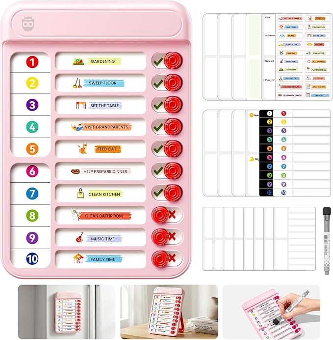 Chore Chart for Kids, to Do List Board with Sliders 19 Personalizable Sheets and Marker Visual Schedule for Kids with Autism Routine Chart Magnetic Dry Erase Board for Refrigerator, Desk, Home - Pink