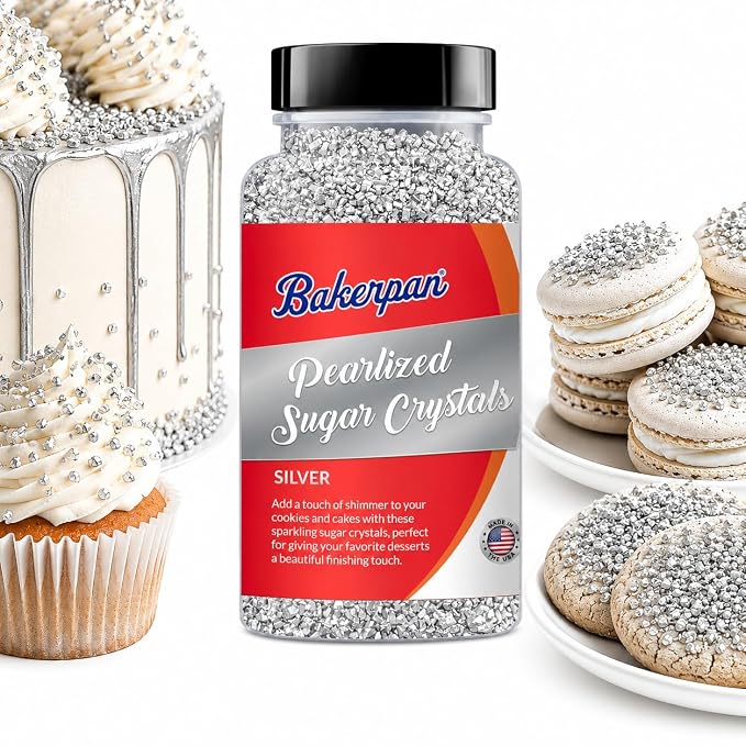 Bakerpan Silver Pearlized Sugar Sprinkles for Baking - 5 oz Coarse Sparkling Decorating Sugar Crystals for Baking Topping, Cookies, Cupcakes & Cake Pops | Made in USA
