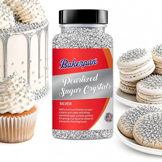 Bakerpan Silver Pearlized Sugar Sprinkles for Baking - 5 oz Coarse Sparkling Decorating Sugar Crystals for Baking Topping, Cookies, Cupcakes & Cake Pops | Made in USA