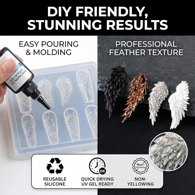 3D Angel Wings Nail Art Silicone Mold, Feather Wing Nail Charm Mold for UV Gel Acrylic Resin, Reusable Nail Art Decoration Mold for DIY Nail Design
