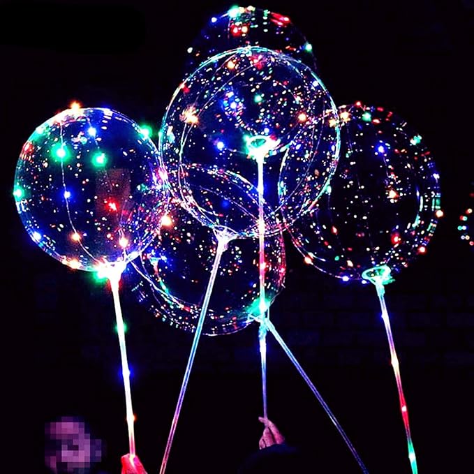 LED Light Up Bobo Balloons with Sticks,6 Packs Flashing Handles,20 Inches Bubble Bobo Balloons,70 cm Sticks,Christmas Birthday Party Decoration