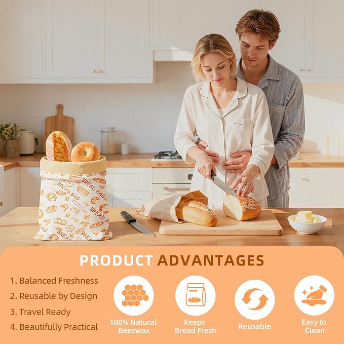2 Pack Beeswax Bread Bags for Sourdough, XL Reusable Organic Beeswax Linen Cotton Sourdough Bag– Freezer-Friendly & Freshness Preservation, Natural Living Essential, Includes 2 Beeswax Wraps