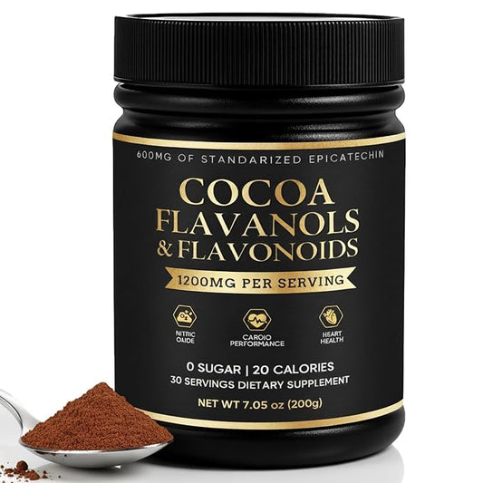 High Flavanol Cocoa Powder, 1200mg Cocoa Flavanols & Flavonoids with 600mg Epicatechin Per Serving, Non-Alkalized Cocoa, Zero Sugar, Vegan, Non-GMO, Gluten-Free, 200g