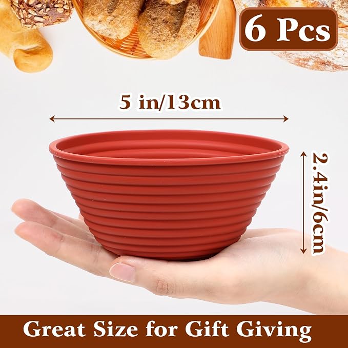 Webake 5 Inch Silicone Mini Banneton Bread Proofing Basket, 6Pcs Round Small Banneton Basket for Sourdough Bread Soup Bowls