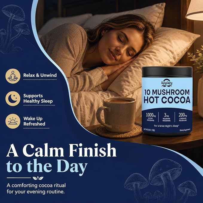 Suiyilary 10 Mushroom Hot Cocoa, 3mg Melatonin Sleep Supplement, Sugar Free Keto Cocoa Powder, Nighttime Drink, 1000mg Glycine, 200mg L-Theanine, Help Fall Asleep and Stay Asleep, 15 Servings