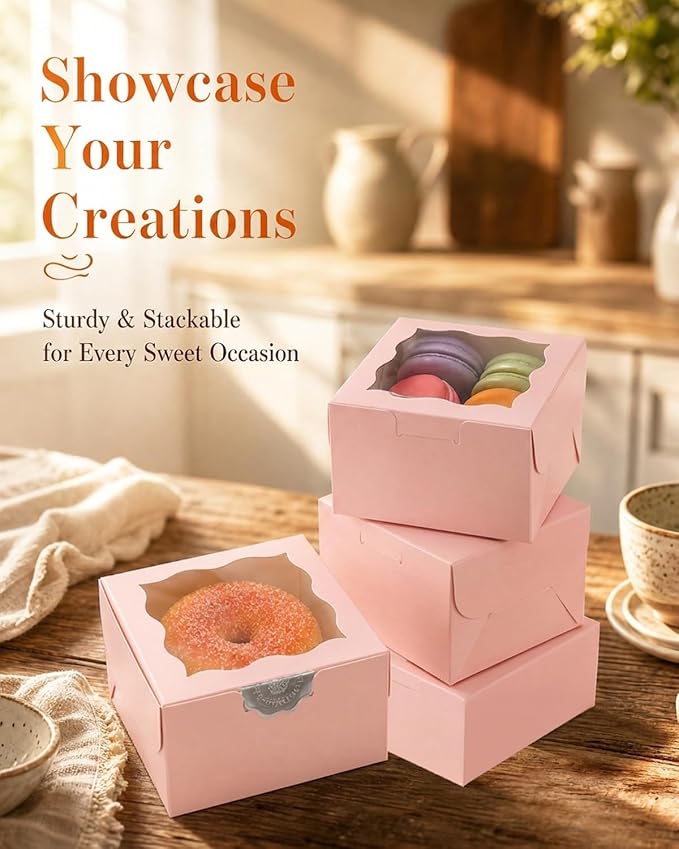 Bakepacker 400pcs Pink Bakery Boxes with Window 4"x 4"x 2.5" Thick & Cookie Boxes & Sturdy Macaroon Pastry