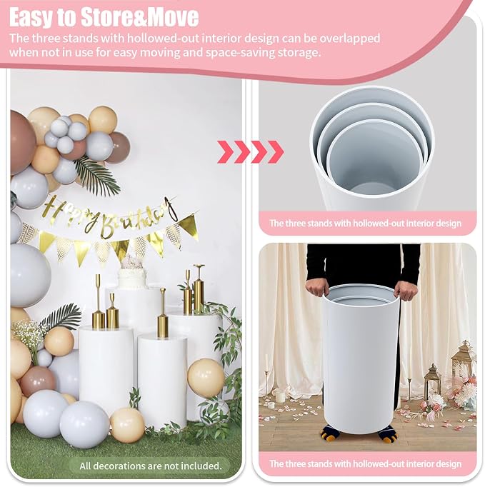 3 PCS Cylinder Stands for Party, White Round Cake Pedestal Stand Metal Cylinder Pedestal Stand Dessert Table Display Pillars for Wedding Birthday Banquet Baby Shower Parties Event Decor 23.62''(L) 21.65''(M) 19.68''(S)