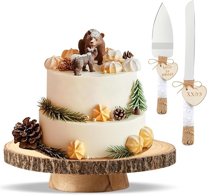 11.5"-12.5" Wood Cake Stand with Cake Cutting Set (Knife and Server) - Rustic Wooden Cake Holder for Decorating, Party, Wedding, Baby Showers, Reception, Event - Ideal Baking Gift & Home Decor
