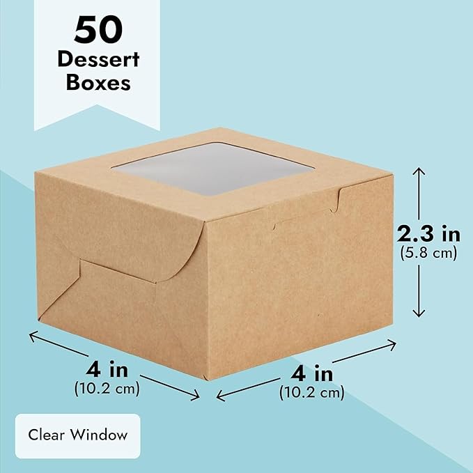 Juvale Cookie Boxes with Window - 50 Pack, 4 x 4 x 2.5 in Brown Cardboard - Pastry Containers & Cupcake Box for Baked Goods Packaging - Mini Treat Holders