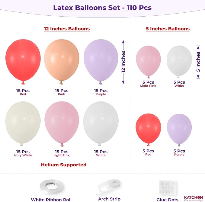 KatchOn, Pastel Balloon Arch Kit- Pack of 110 | Red, Pink, Purple & White Latex Balloon Garland Kit | DIY Balloon Arch for Birthday, Anniversary, Wedding Party Decorations