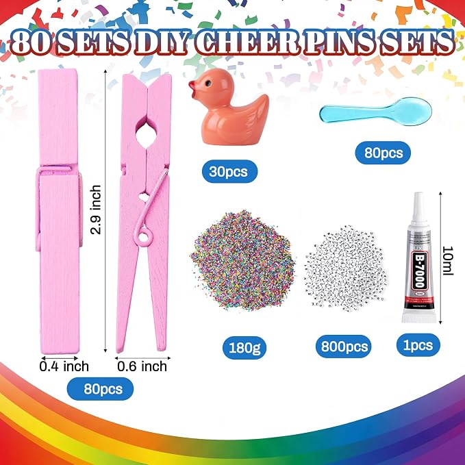 Geelin Cheer Pins Kit with 80 Pcs Spirit Clips, 800 Letter Beads, 30 Ducks, 80 Spoons, Glue, Decoration for Cheerleaders, Volleyball Team Gifts Bulk Stuff DIY Charms(Multicolor, Spoon)