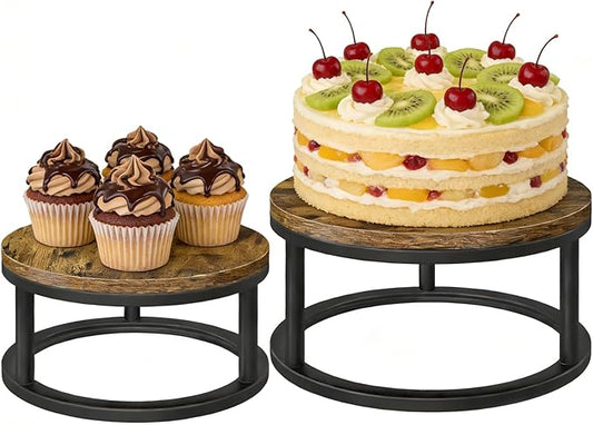 Cake Stand Set, 2 Packs Round Cupcake Stand Cake Pedestal Stand (10"/12" Plate) Industrial Rustic Wood Rustic Dessert Table Display Stand Set Serving Tray for Party, Wedding, Birthday, Baby Shower