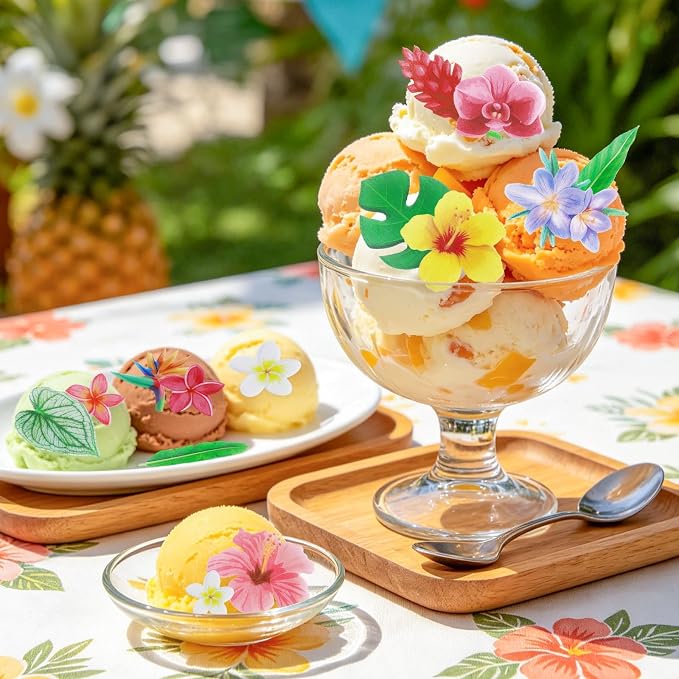 74pcs Edible Tropical Flowers Cake Toppers Hawaii Hibiscus Cupcake Decor | Morofme Edible Flowers Cake Topper Tropical Leaves Cupcake Topper Edible Aloha Cupcake Toppers for Summer Birthday Party