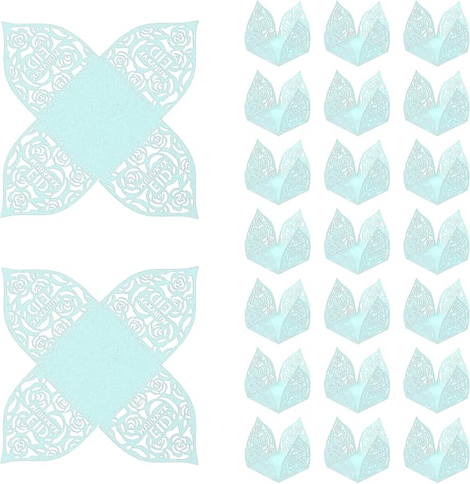 uxcell 25 PCS Truffle Wrappers 0.43x0.43 Inch Square Cupcake Liners Baking Wrappers Hollow Out Paper Dessert Cups for Wedding Birthday Light Blue