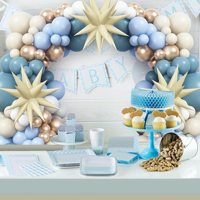 Dusty Blue and Gold Balloons Arch Kit with Beige Star Balloon, Baby Shower Balloons Garland Slate Blue Cream White Champagne Gold Balloons for Boho Boy Birthday Party Wedding Bridal Shower Decorations