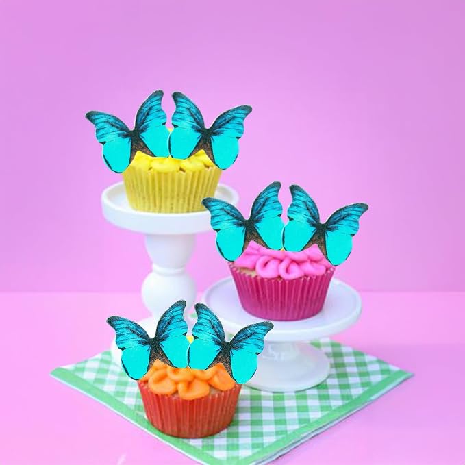 Ephlyn 48Pcs Edible 3D Butterfly Cupcake Toppers - Cute Cake Picks for Baby Shower, Bridal Shower, Birthday Party - Green