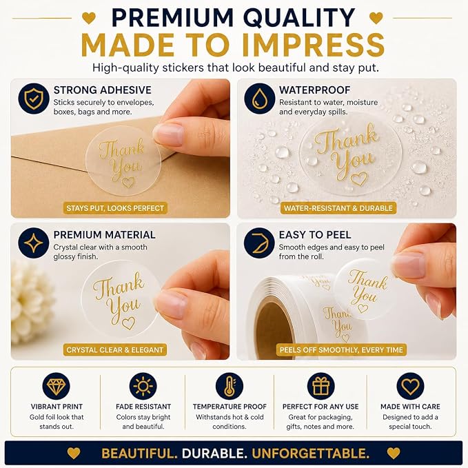 1000 Thank You Stickers Roll, 1 Inch Round Thank You Labels, Bulk Thank You Stickers for Small Business Packaging, Boxes, Bags, Envelopes & Party Favors, 2 Rolls of 500, Multicolor & Clear
