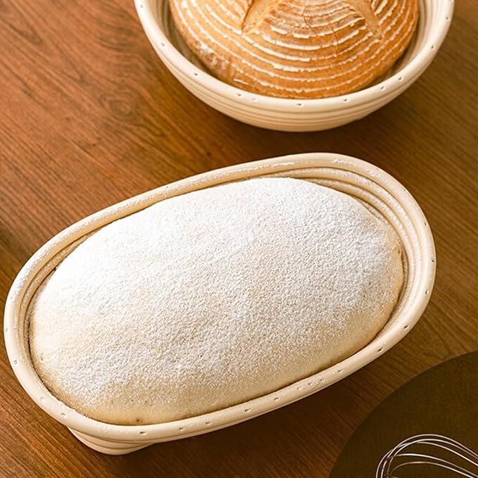 Bread Proofing Basket Set of 2, 10 inch Oval Sourdough Proofing Bowls with Liners, Handmade Rattan Baskets for Bread Making Baking Fermentation