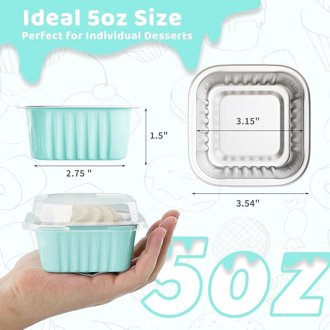 40 Pack 5 OZ Mini Cake Pans with Lids, Disposable Square Aluminum Foil Brownie Baking Cups, Mini Aluminum Foil Cupcake Muffin Tin Ramekins, Flan Molds Cake Containers for Wedding Birthday Party, Blue