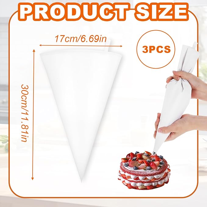 3-Pack Reusable Pastry Piping Bags - 12inch Cloth Canvas Cake Decorating Bags - Cake Pastry Decorating Supplies for Frosting - Ideal for Cakes and Cookies Decoration White Hangable Piping Bags