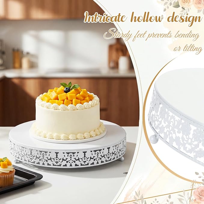 Wenqik 14 Inch White Cake Stand Set Metal Round Cupcake Dessert Stand with Cake Cutting, Flower Spatula Wedding Cupcake Pastry Display Candy Holder Display for Wedding Party Birthday Baby Shower