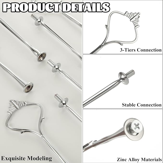 QTLCOHD 15 Sets 3 Tiered Cake Stand Hardware Kit, Zinc-Alloy Heavy Duty | 3 Tier Cake Plate Handle Fitting Hardware Rod for Dessert Serving Trays Cupcake Fruit Holder, Silver Crown