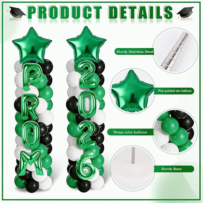 2 Sets 2026 Prom Dance Party Balloon Column Stand Kits Black Green White Latex Balloons 2026 Letters 6.5 Ft Adjustable Metal Tube Telescopic Tower Pillar with Base for Prom Dance Party Decoration