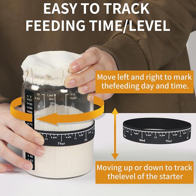 Kmise 2 Pack Sourdough Starter Jar Glass, 34 Oz Wide-mouth Sourdough Starter Jar Kit W/Acacia Spatula, Cholkboard Sign, Thermometer, Feeding Band, cloth cover,Reusable Sourdough Bread Baking Supplies