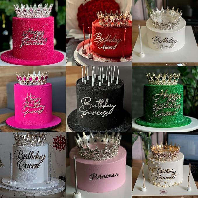 14pcs Happy Birthday Cake Toppers for Women Princess Queen - Acrylic Cupcake Decor Side Decoration Kit - Girl Party Supplies