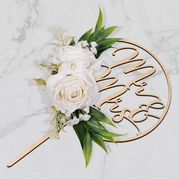 Mr & Mrs Wedding Cake Topper in Wood with Handcrafted 3D Artificial White Flowers and Green Leaves Design Cake Decoration for Wedding 3D White Roses