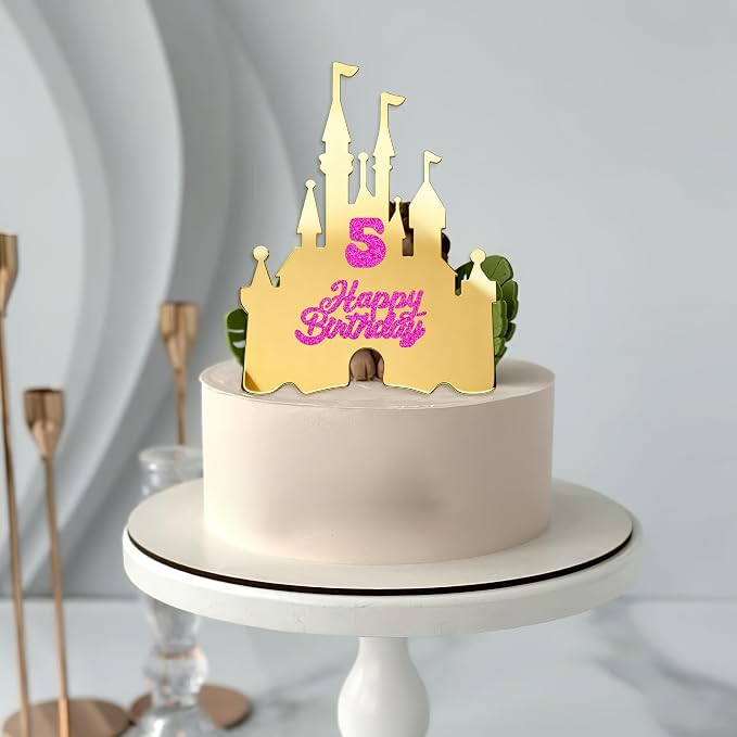 Gold Castle Cake Topper with Numbers 0–9 – Princess Birthday Cake Decorations, Reusable Gold Acrylic Happy Birthday Cake Topper Set for Party Supplies (golden)