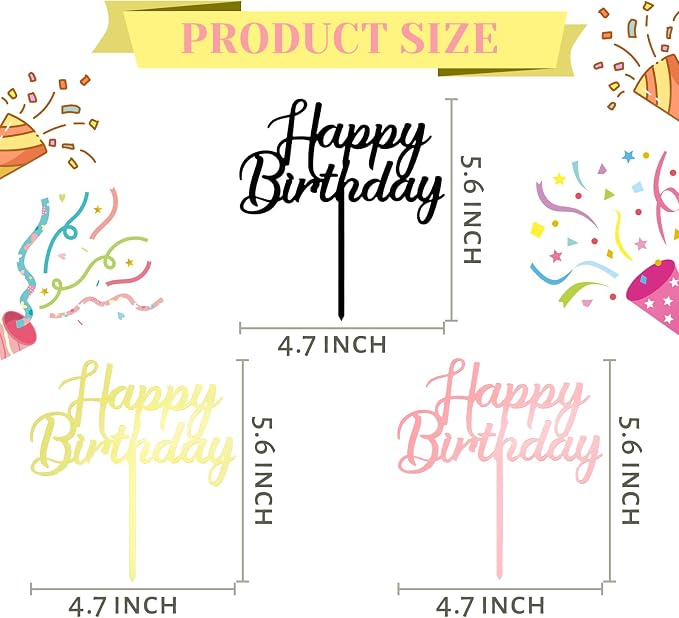 FBQ 3 Pcs Birthday Cake Topper Cupcake Topper Wedding Party Birthday Theme Children or Adults Cake Decorations Supplies(Black, Gold, Pink)