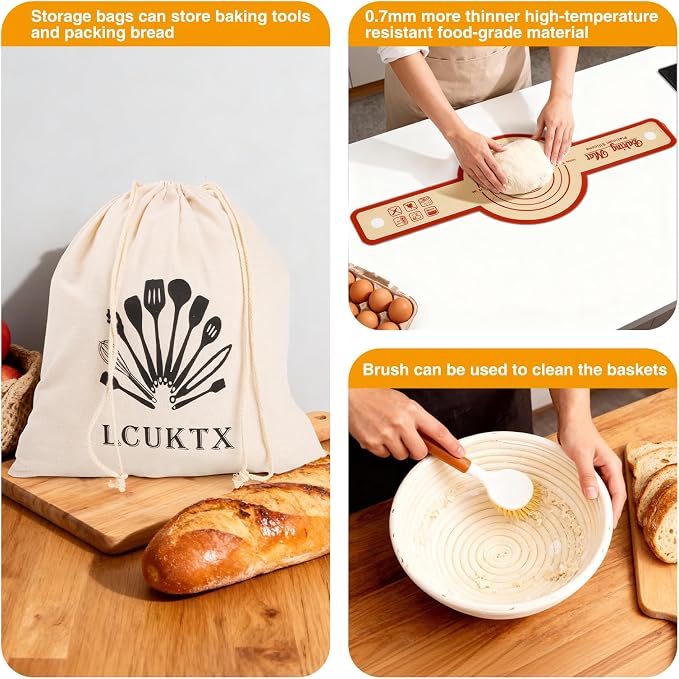 Banneton Basket Set, Complete Sourdough Baking Kit with 9'' Round and 10'' Oval Proofing Bowls Bread Baskets, Sling, and Other Bread Making Supplies Tools - Ideal for Artisan Bread