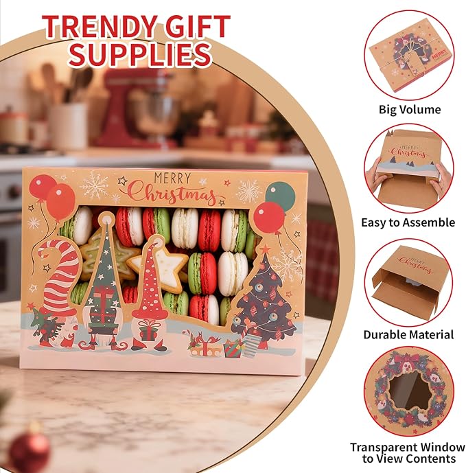 12 PCS Christmas Cookie Boxes for Gift Giving, Christmas Bakery Treat Boxes with Window, Holiday Cookie Boxes with Ribbons and Tags for Xmas Party Supplies Cookie Containers Treat Tins