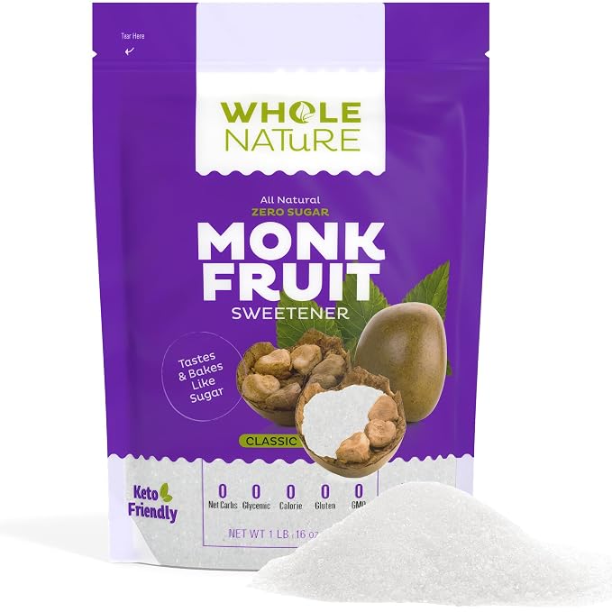 Whole Nature 1lb Monk Fruit Sweetener 1:1 Baking Sugar Substitute Made in the USA – Granulated Blend With Erythritol – Zero Calorie – Keto – Paleo – Non-GMO – Kosher - Natural Alternative – 16 oz Pouch